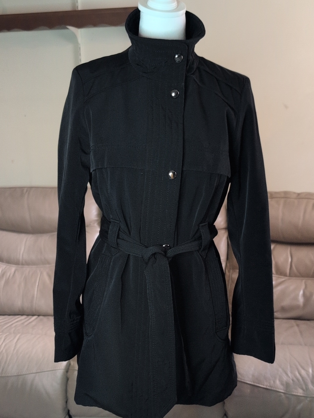 Jones New York Black Soft Shell Trench Coat with Tie Belt Size Petite Medium